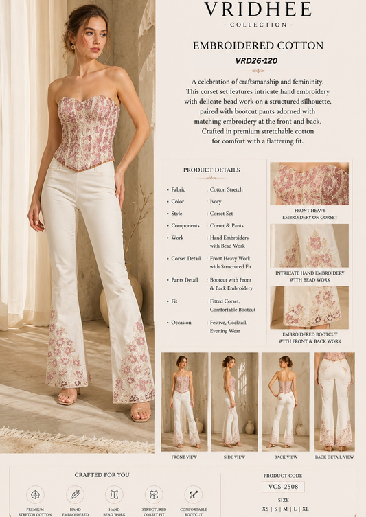 white beaded corset with boot cut pant