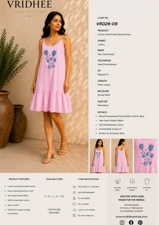 Pink block print dress with patch and handwork