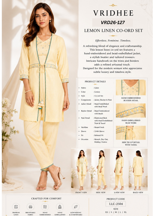 Yellow linen bead work Co-Ord set