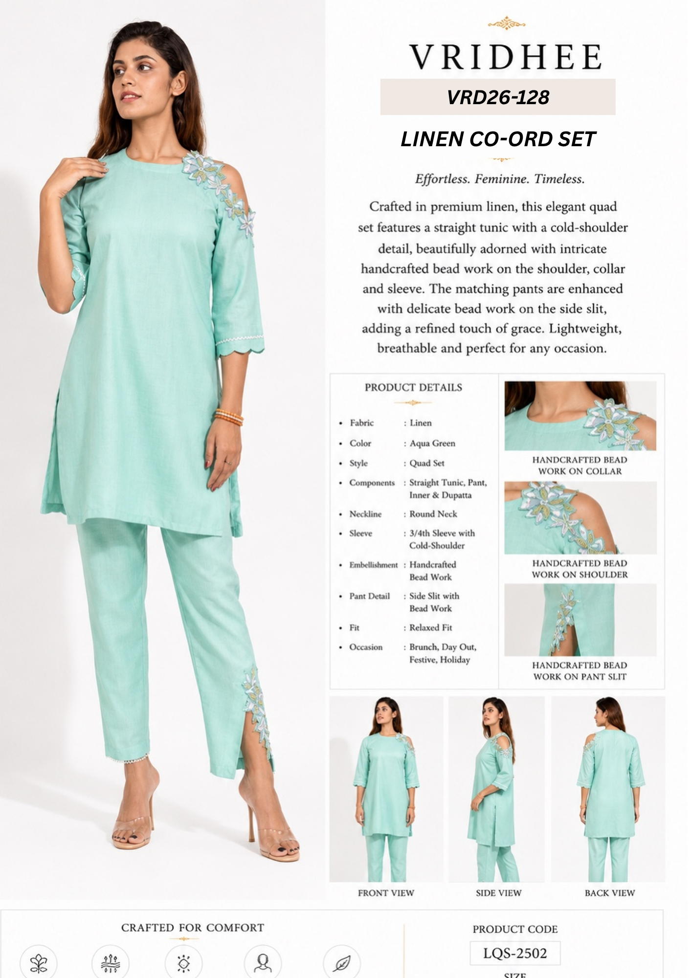 Green linen co ord set with beads handwork