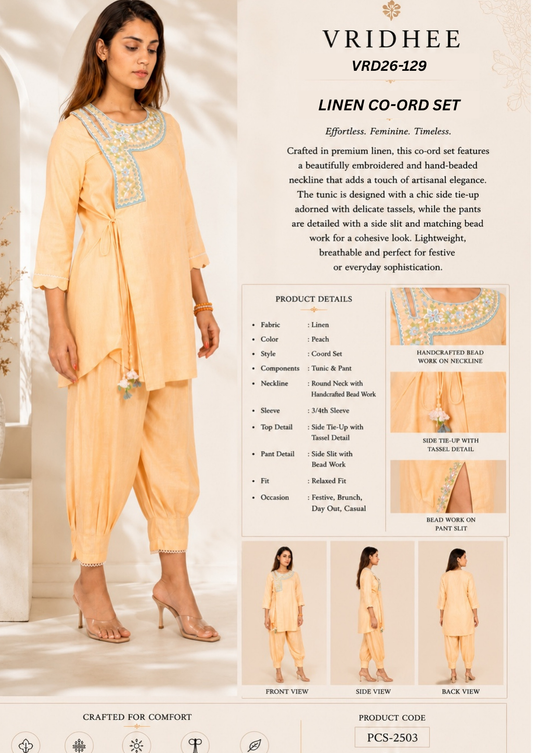 Peach linen co ord set with beads handwork