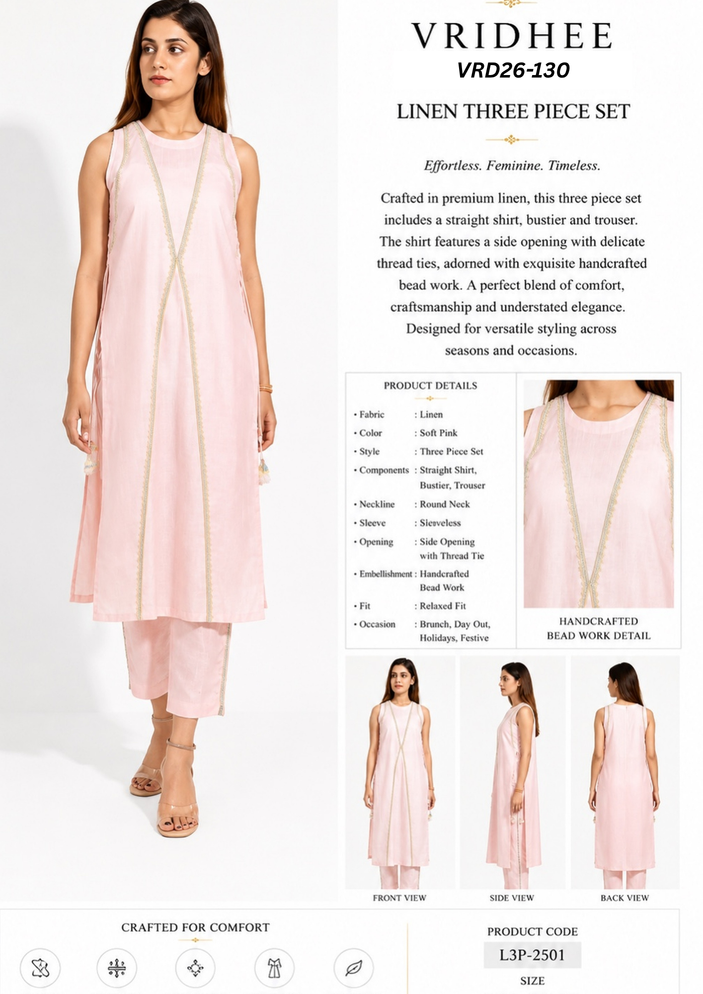pink linen co ord set with beads handwork