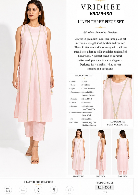 pink linen co ord set with beads handwork