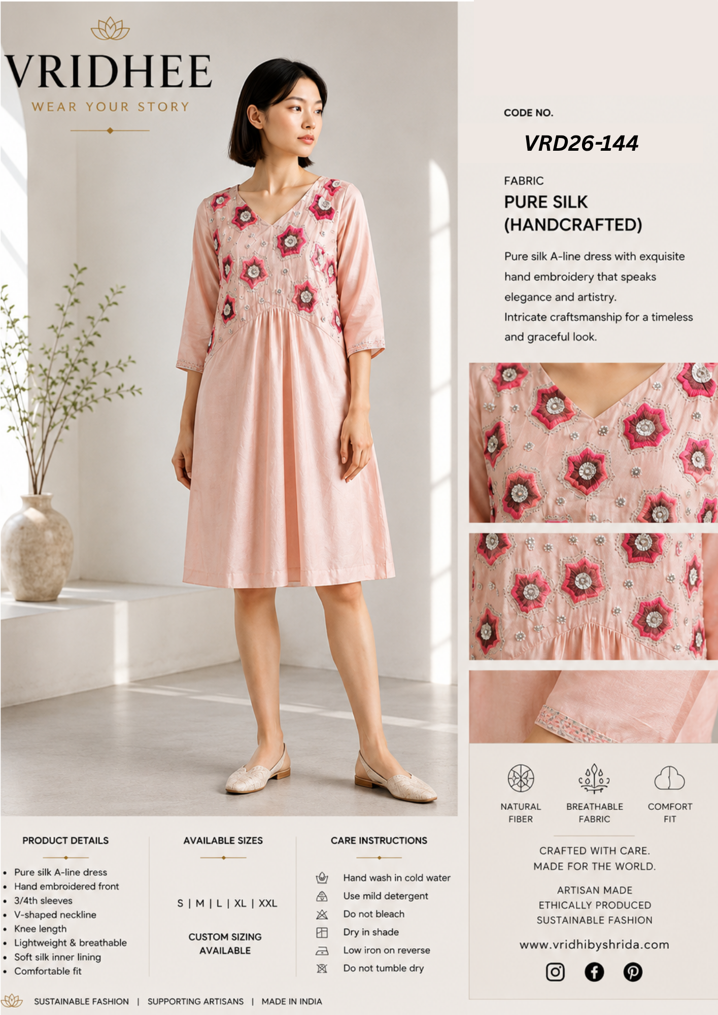 Pink Silk dress with thread embroidery