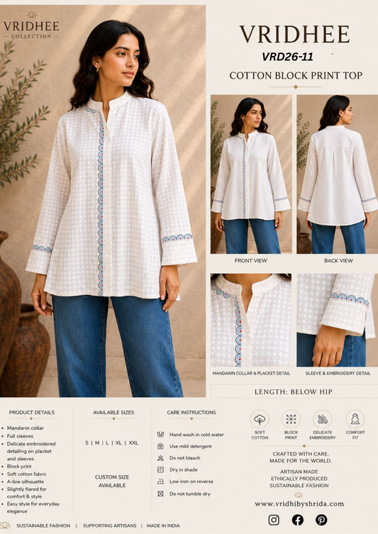 White cotton block print A Line shirt with embroidery