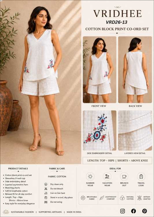 White block print co-ord set with embroidery