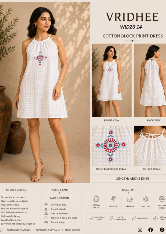 White block print dress with embroidery