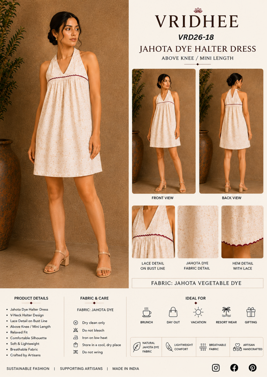 Beige natural dyed  halter dress with embroidery