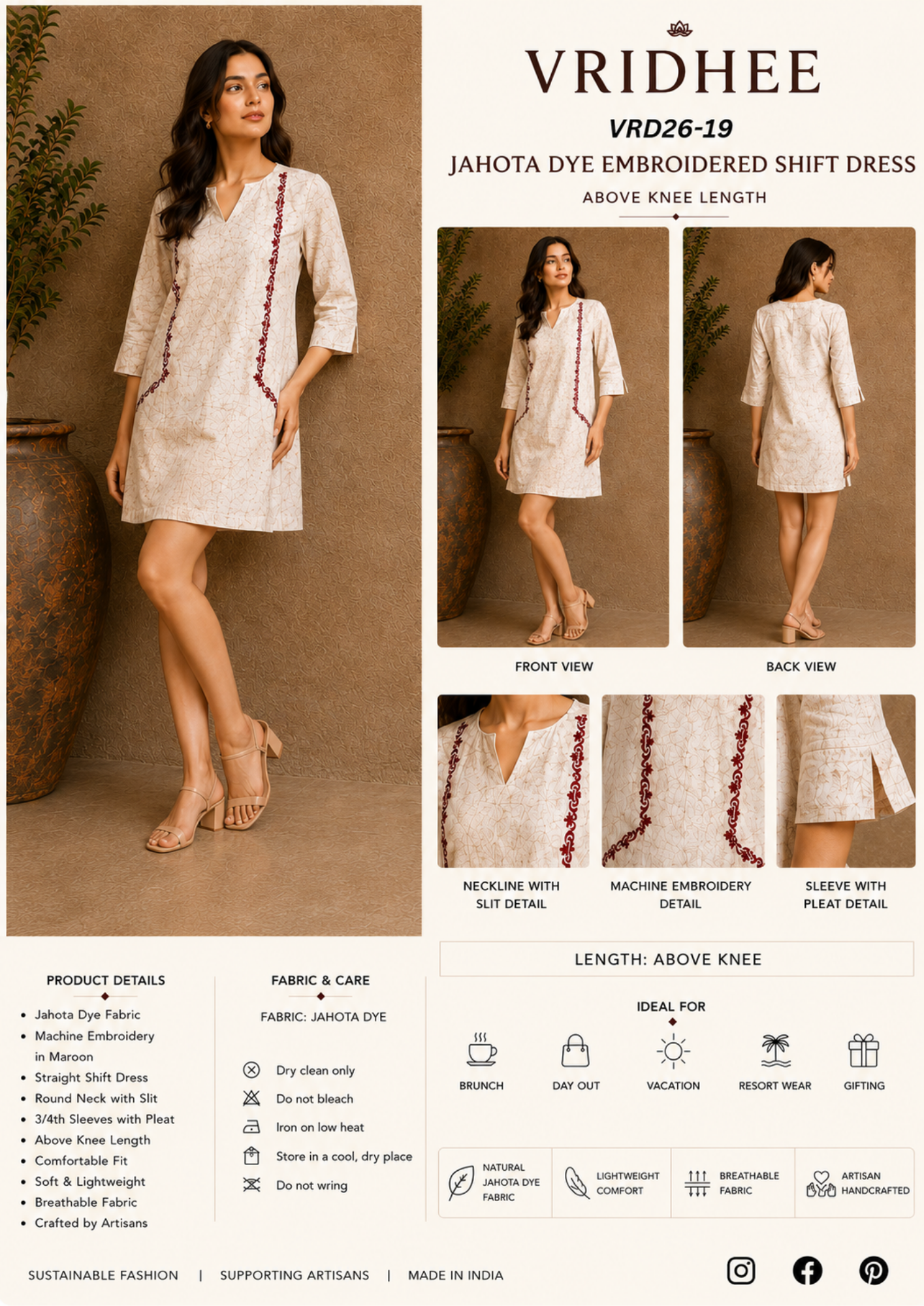 Beige natural dyed dress with embroidery