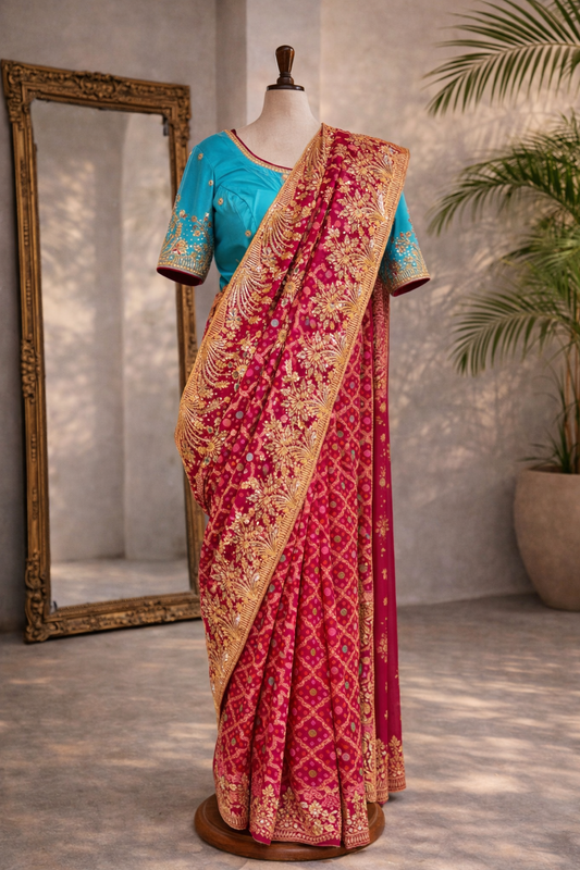 Red Saree with Blue Blouse