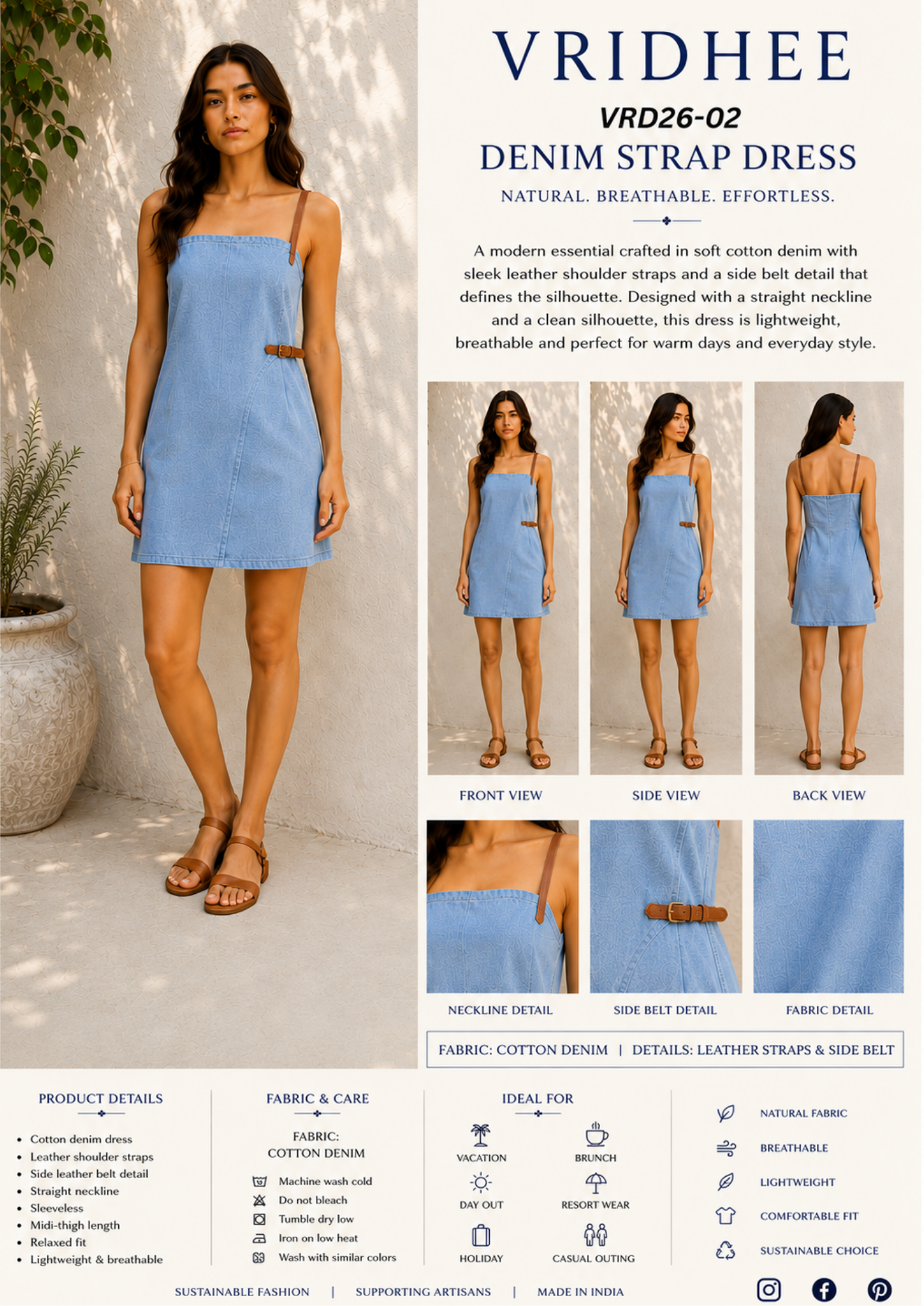 Denim Cotton Dress with Leather Strap