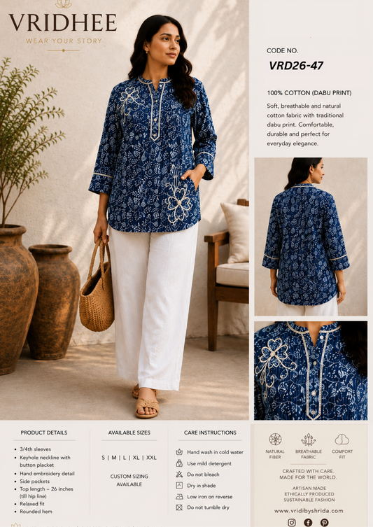 Blue dabu print cotton shirt with handwork