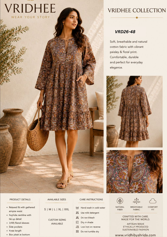 Brown block printed cotton dress