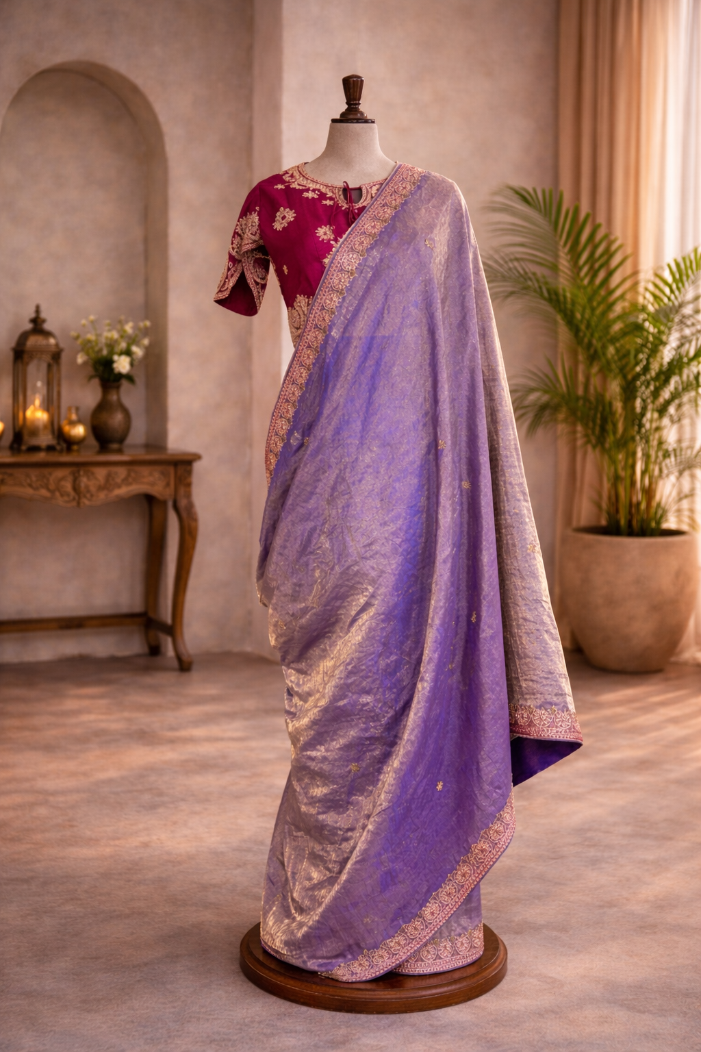 Purple Tissue Saree with Red Blouse