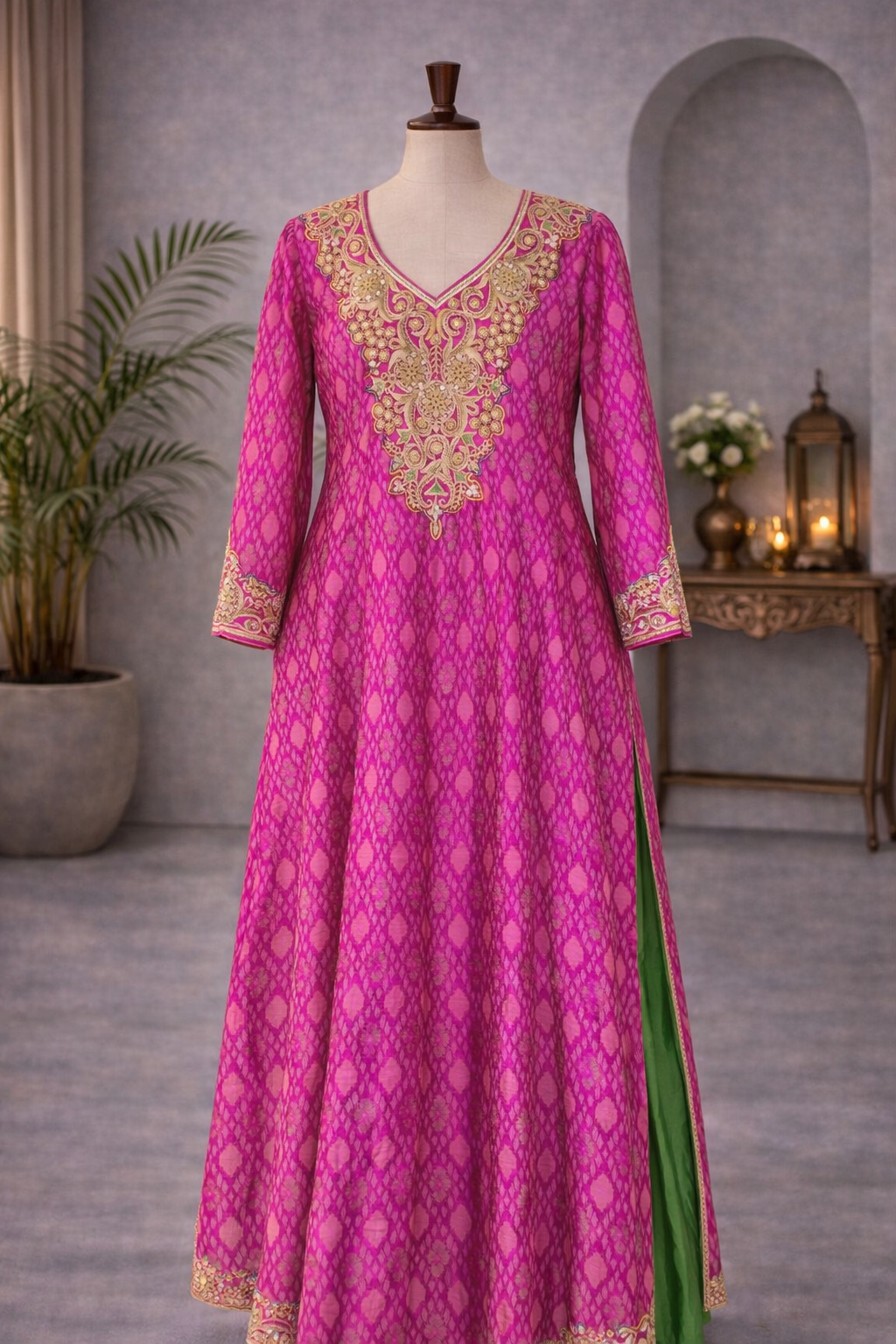 Pink Patola kurta with green palazzo