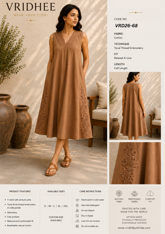 Brown Cotton Dress with embroidery