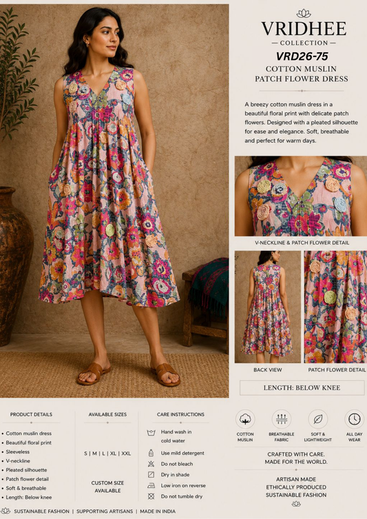 Printed Muslin Dress with 3D flowers
