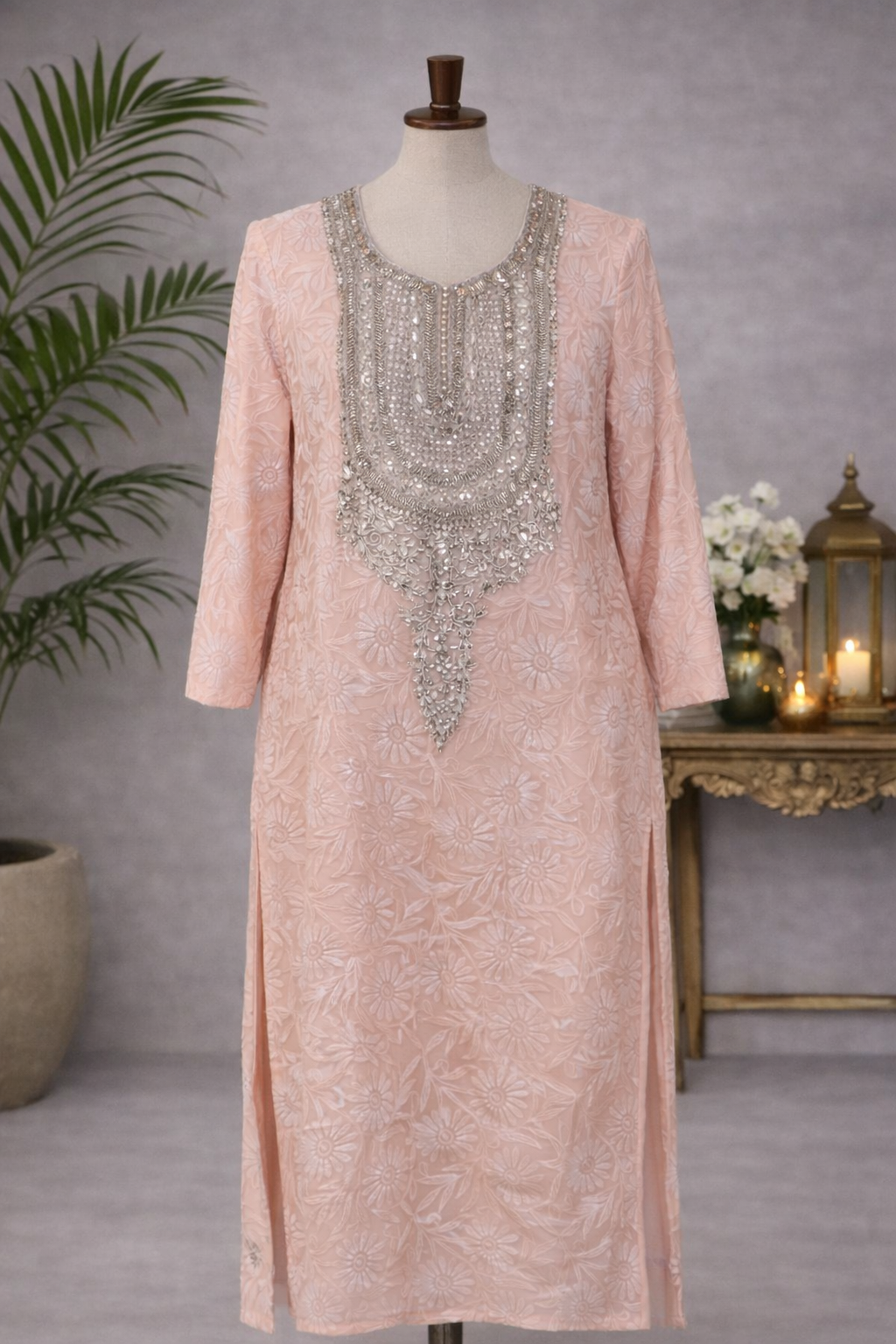 Peach Chikankari Kurta with gotta patti work