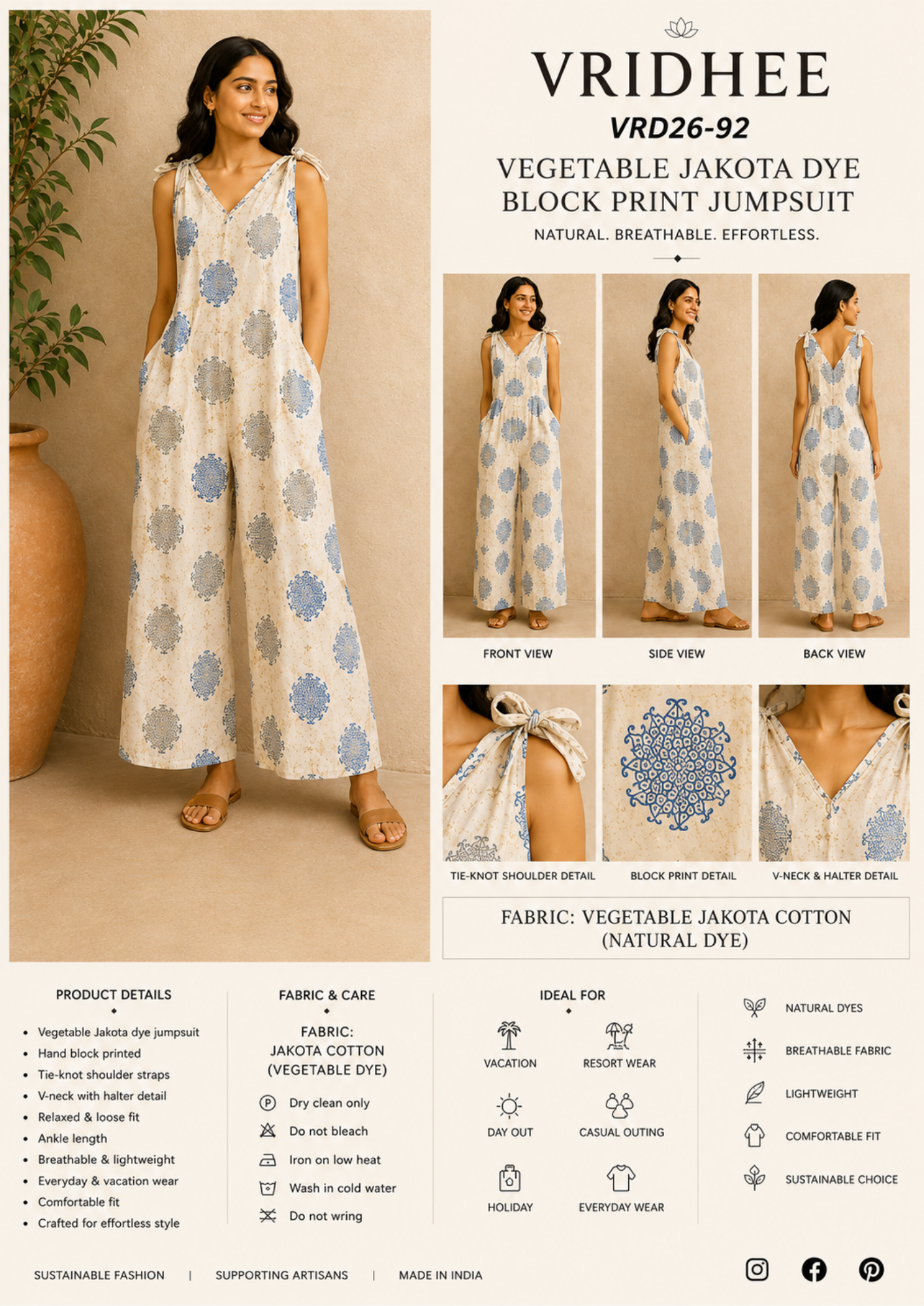 Cotton mud dye block printed jumpsuit