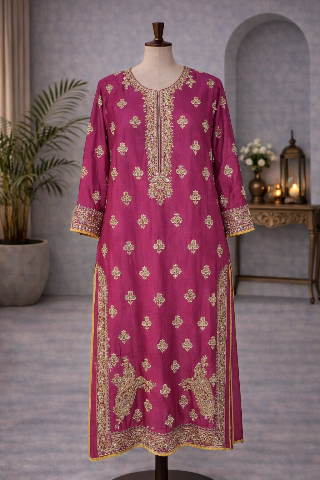 Red moonga silk kurta with heavy zardozi work