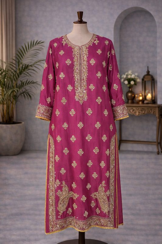 Red moonga silk kurta with heavy zardozi work