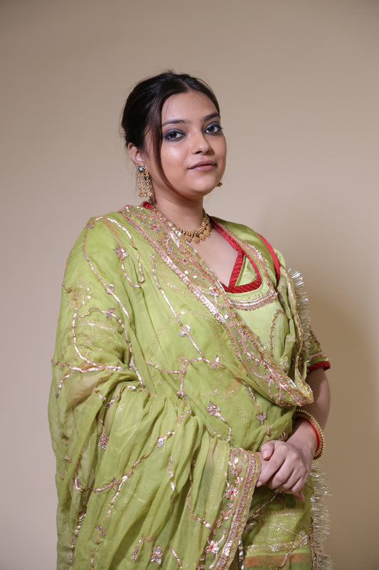 Woman wearing a green traditional outfit with gold embroidery against a beige background A traditional green and red satin silk Rajputi poshak adorned with authentic Gotapatti handwork, reflecting Rajasthan’s royal heritage.
