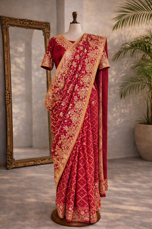 Red saree with gold embroidery on a mannequin against a neutral wall. Beautiful Red Raani Bandhej Saree with Red Dori Work Blouse