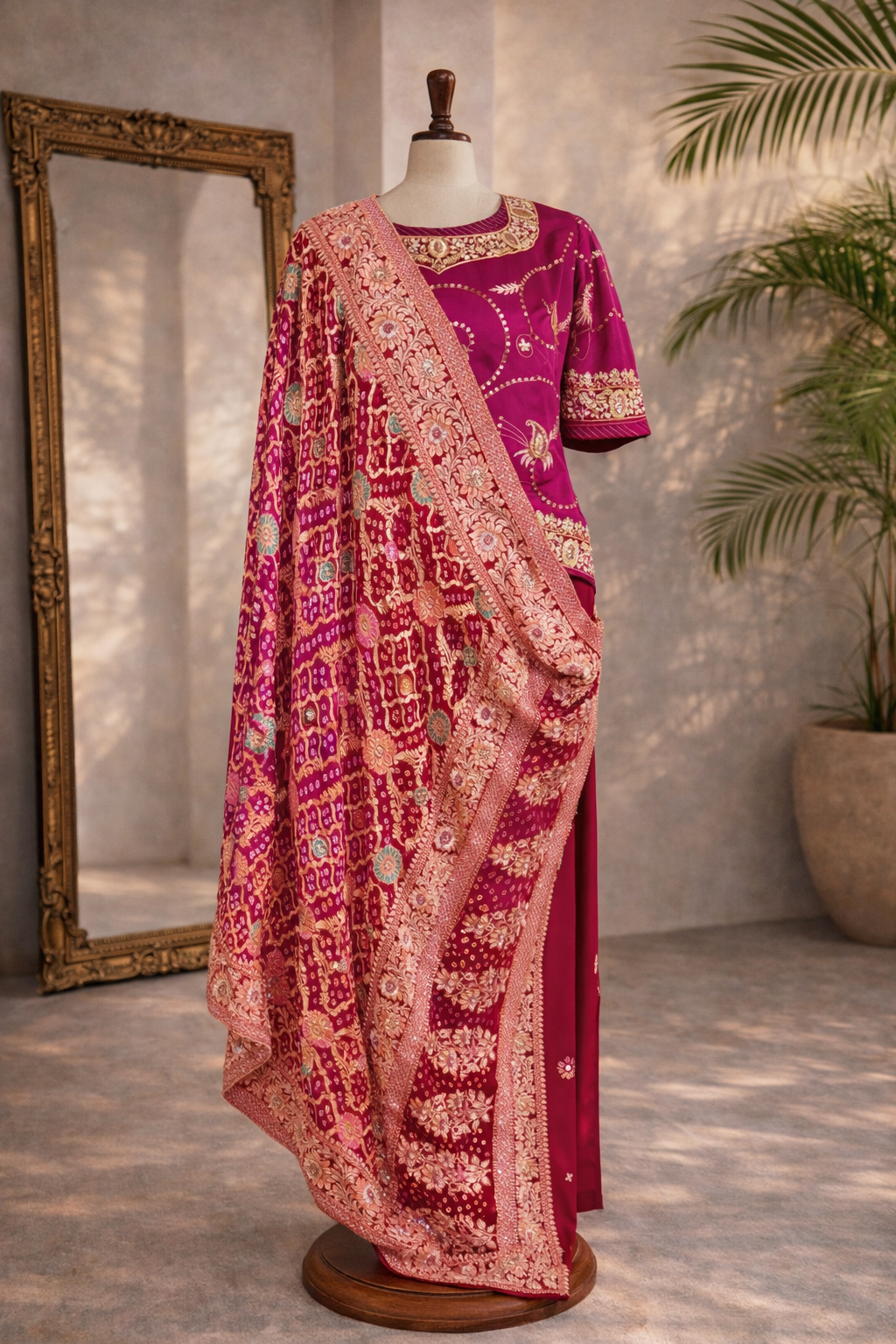 Traditional pink and red embroidered saree on a mannequin with a mirror and plant in the background Beautiful Red Raani Rajputi Wedding Poshak -Bridal Wear