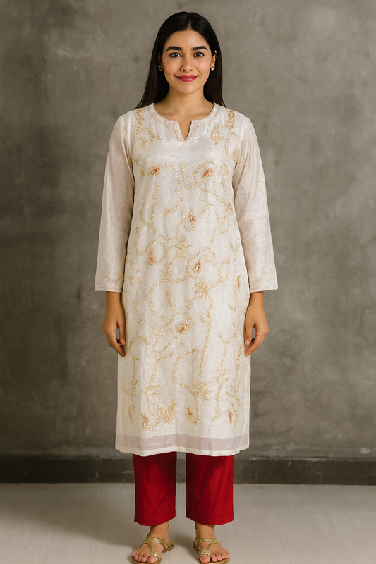 Woman wearing a white floral kurta with red pants against a gray background Beige Tissue Silk Kurta with Gottapatti &amp; Dori Work, Red Palazzo