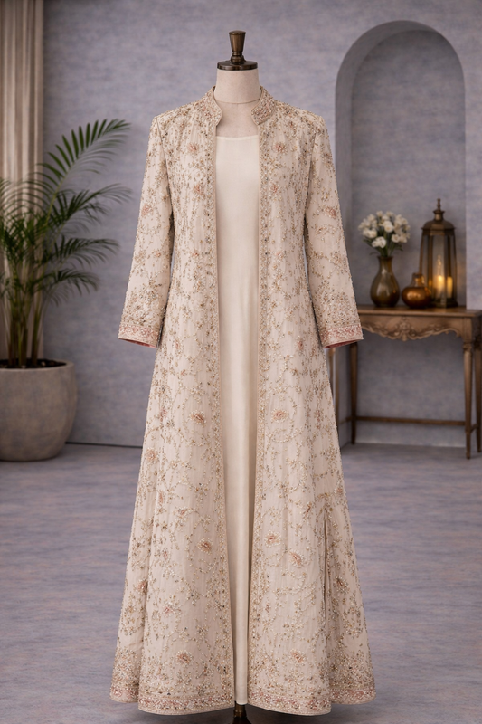 Beige long  dress silk anarkali  with heavy gorgette gotta patti jacket