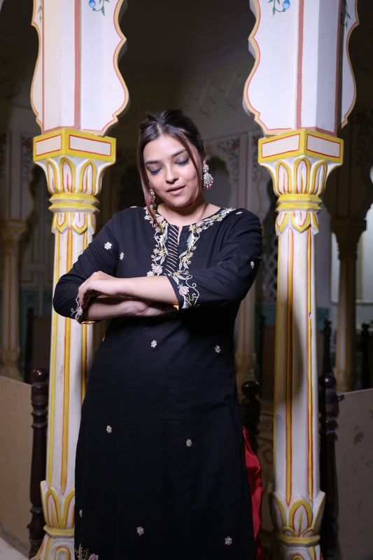 Black Handcrafted Kurta with Miniature Painting &amp; Dori Marodi Work with red silk palazzo