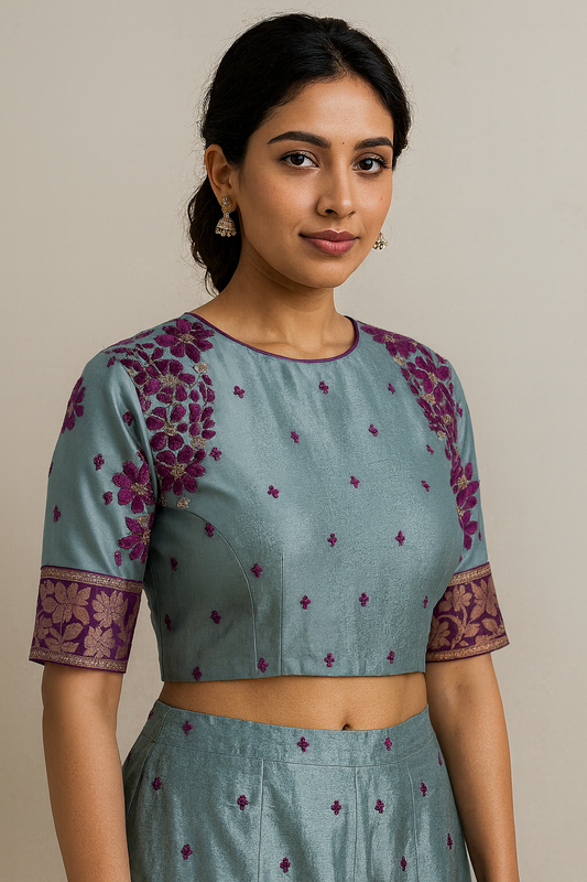 Blue Blouse with mukaish and thread work