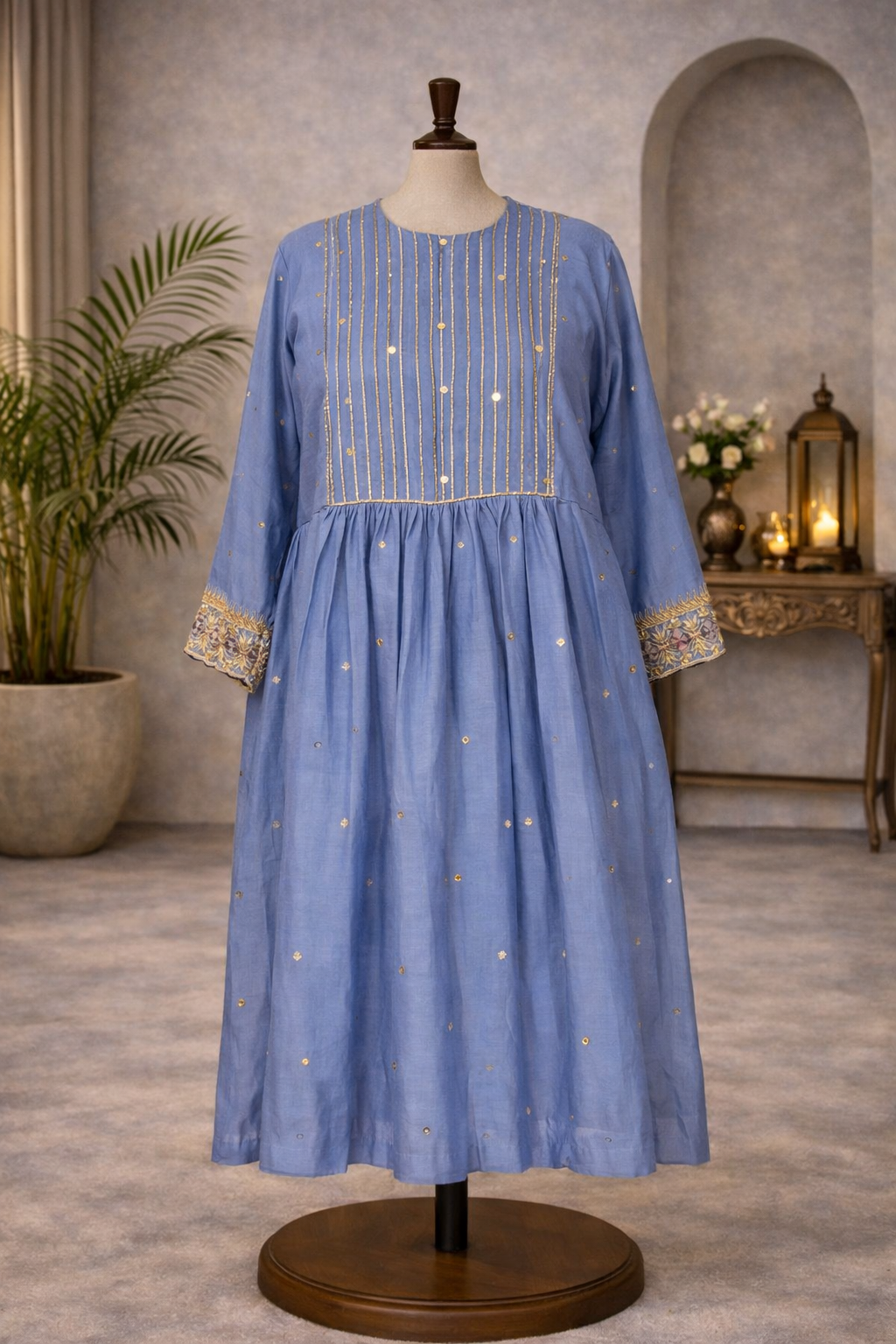 Blue Mukaish Chanderi Kurta with fusion of gotta patti and mirror work