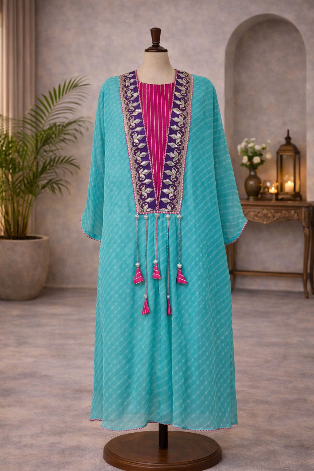 Turquoise embroidered dress on a mannequin against a neutral background Bue pink Leharia Kaftaan with gotta patti