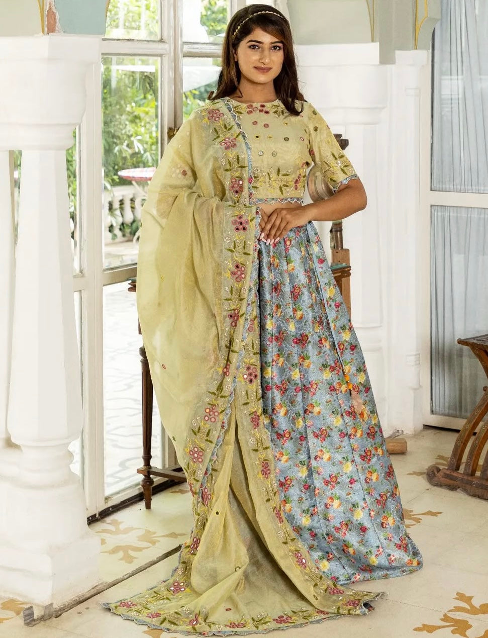 Chanderi tissue mirror work lehenga with floral silk lehenga