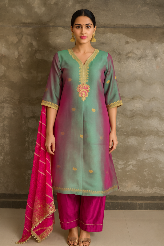 Woman wearing a traditional outfit with a green and pink dress against a grey wall.Green Banarasi Kurta Set with Signature Rajasthani Dori Marodi Work