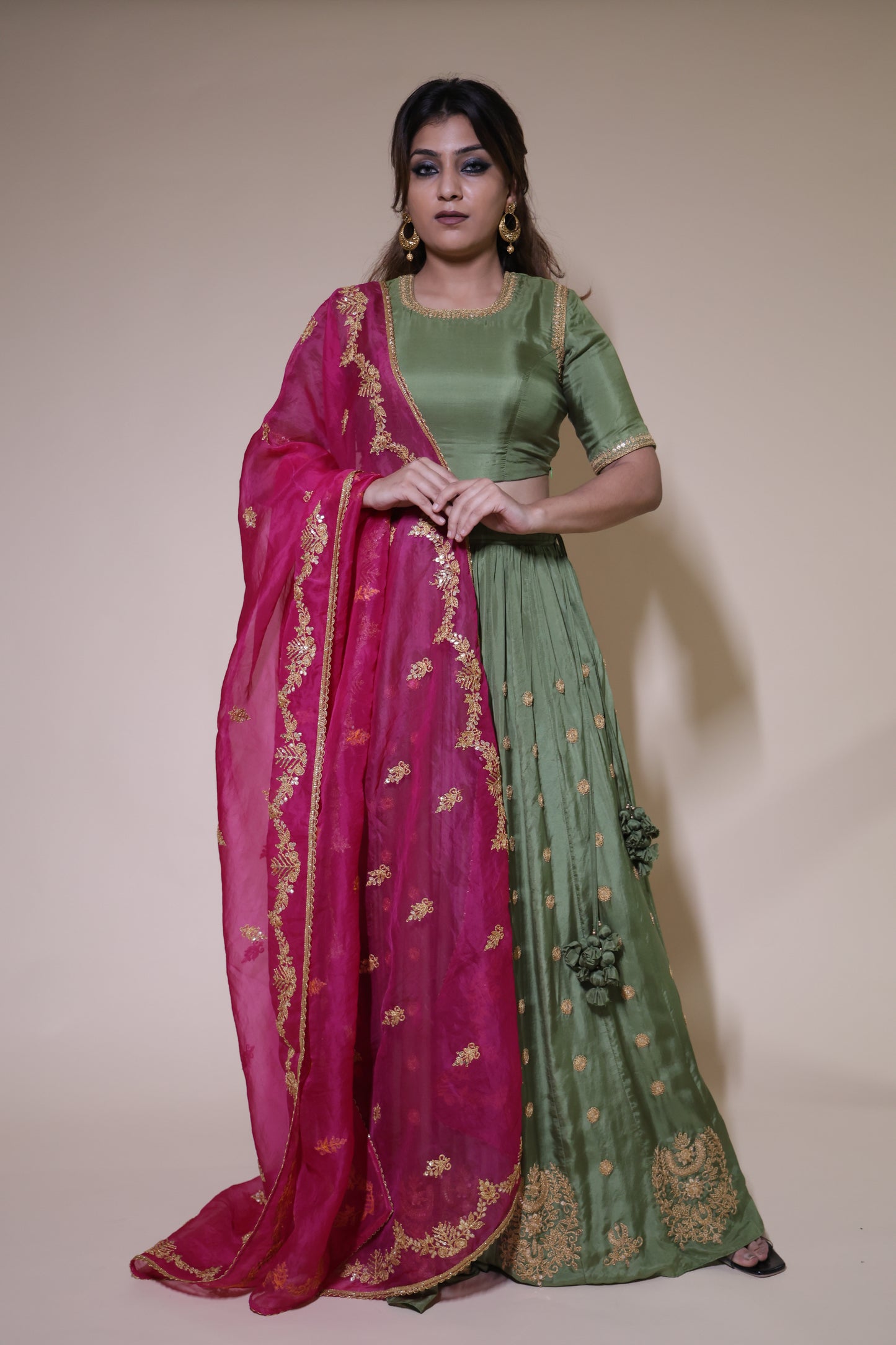 Green Silk dori madodi work  Lehenga with raani  organza dupatta