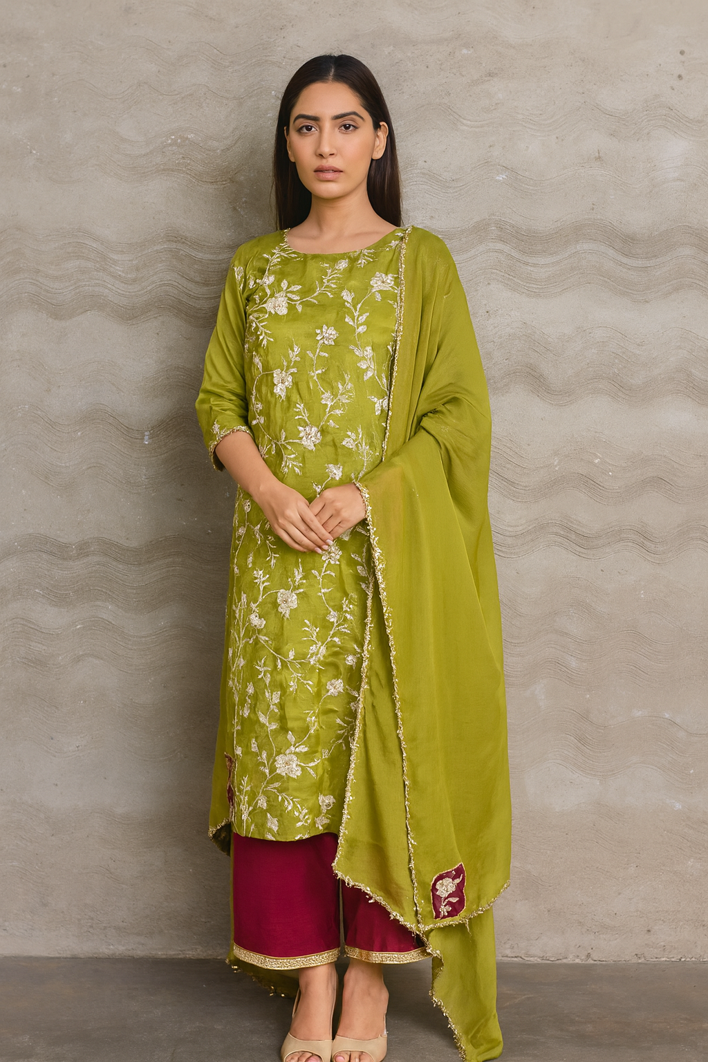 Woman wearing a green floral kurta with pink pants and matching dupatta against a gray background Green Tussar Silk Kurta with Red Palazzo & Organza Dupatta