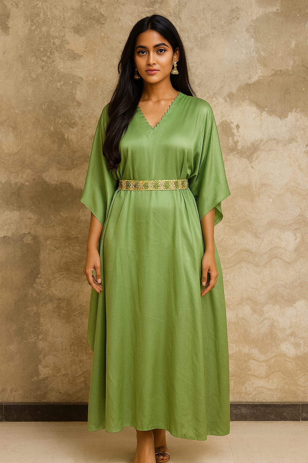 Woman wearing a green dress with a gold belt against a beige wall.Green satin Kaftaan with beads work belt 