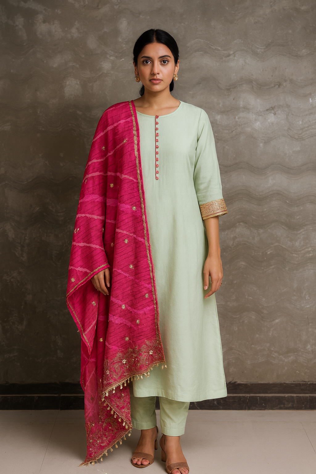 Woman wearing a light green kurta with a pink dupatta against a gray background Lime Green A-Line Kurta with LEHARIYA Tussar Dupatta