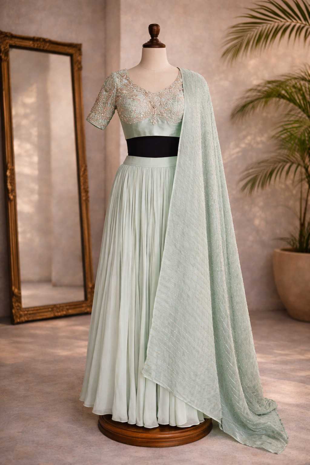 Mint Green Gorgette Lehenga with beautiful work
