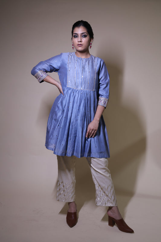 Mukaish Chanderi Blue Short Kurta with Gottapatti &amp; Mirror Work Paired with Beige Tissue Palazzo