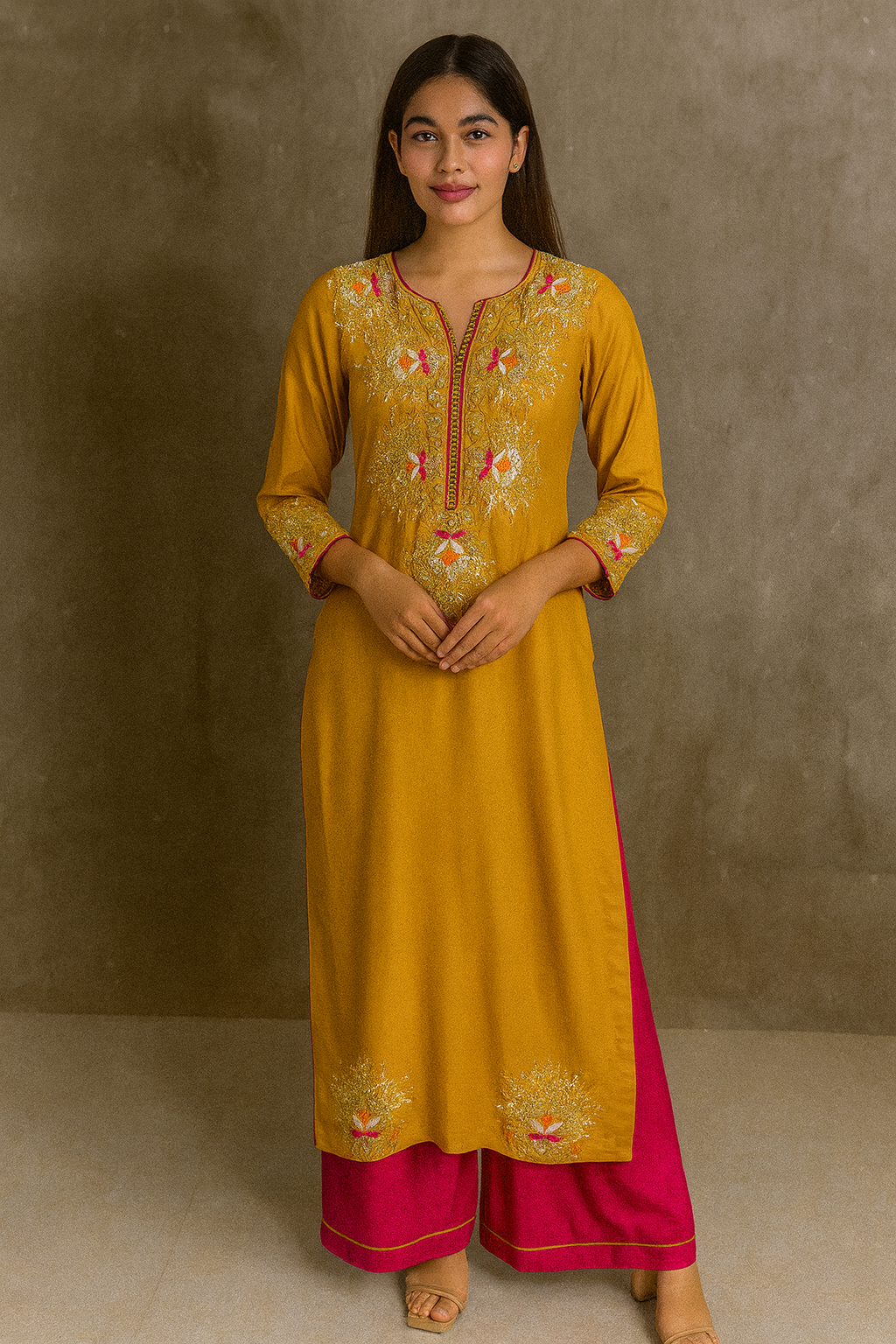 Woman wearing a mustard yellow and pink traditional outfit against a brown background Mustard  thread & dori beads work Suit with red palazzo