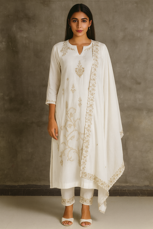 Woman wearing a white embroidered kurta with a matching dupatta against a neutral background Off-White MUL Suit with Zari Work