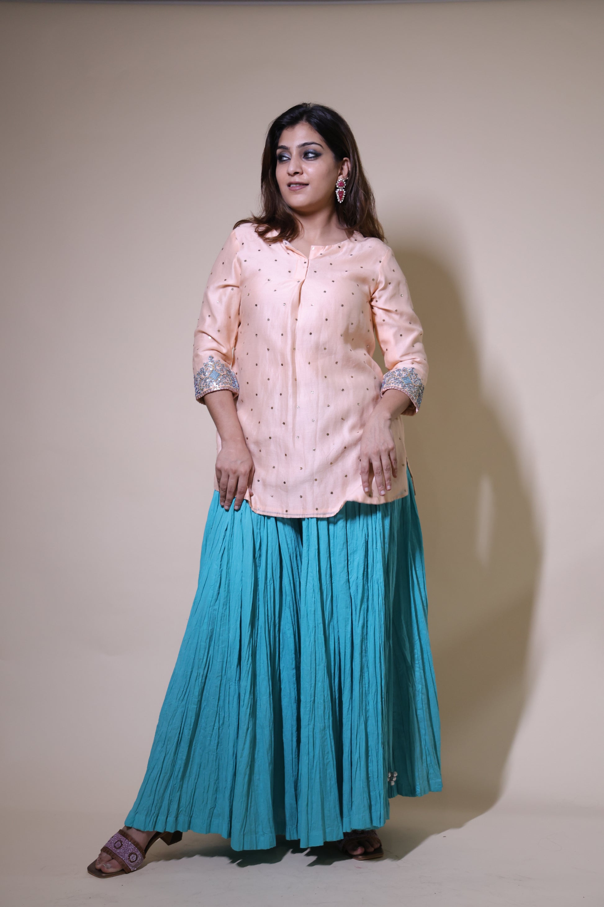 Peach Mukaish Chanderi Short Kurta with Contemporary Gottapatti & Crushed Cotton Skirt