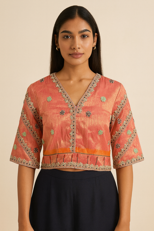 Peach tissue blouse with multicolor thread work