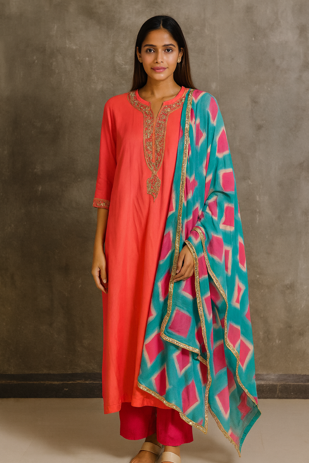 Woman wearing a red kurta with intricate embroidery and a green and pink patterned dupatta against a neutral background.Pink Cotton Kurta Set with Pants and handblock dyed dupatta