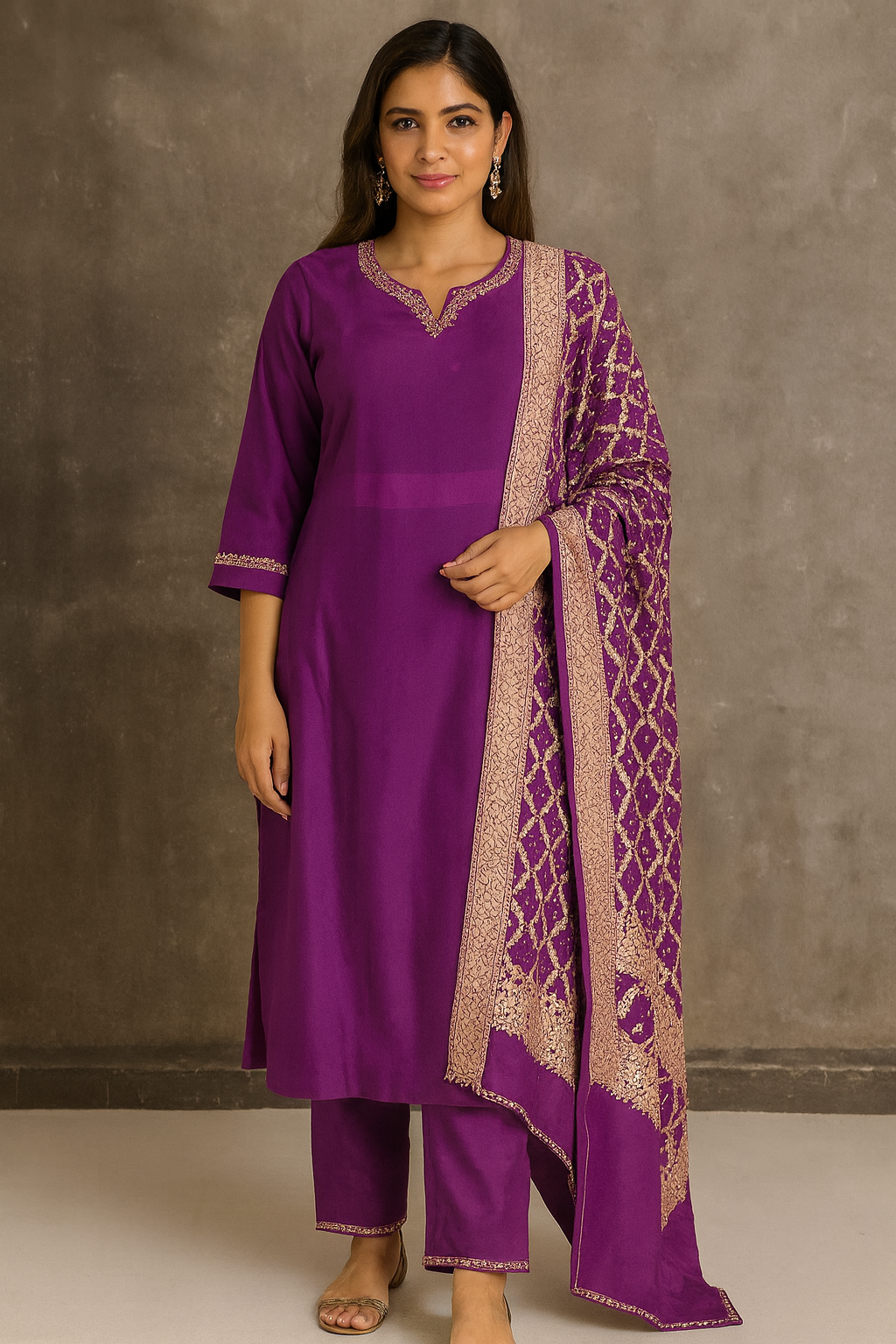 Woman wearing a purple traditional outfit with a matching dupatta against a neutral background Purple Chanderi Silk A-Line Kurta Set with Zari Work with Bandhej Dupatta