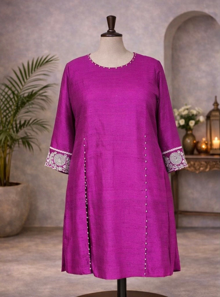 Purple box pattern short raw silk  kurta with beautiful dori work
