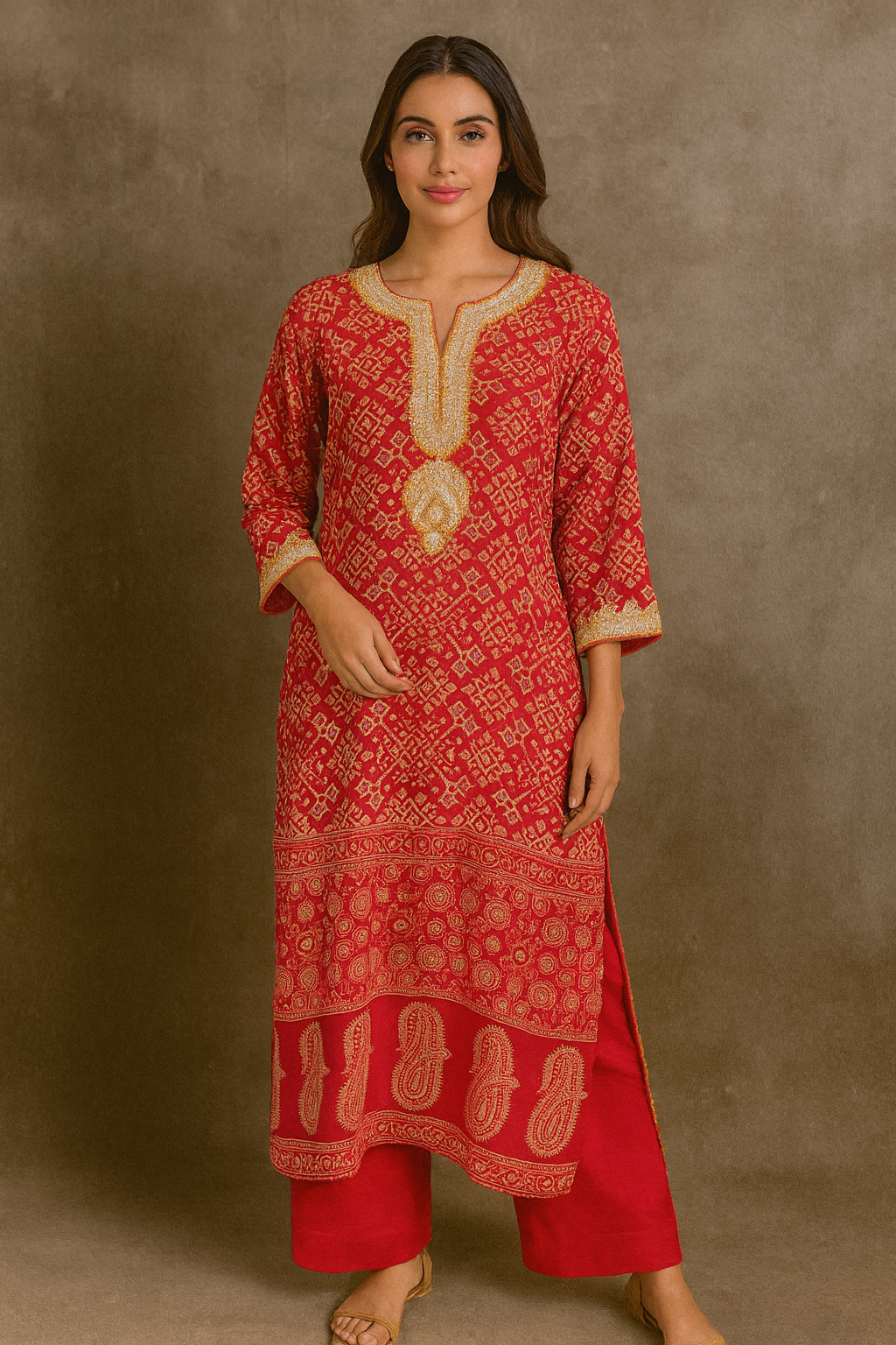 Woman wearing a red traditional outfit with gold patterns against a brown background Red Bandhej Moonga Silk Kurta Set with Dupatta